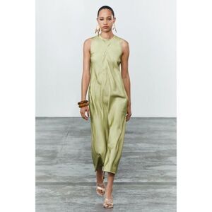 Zara Womens Midi Dress S Green Grass Satin effect sleeveless 8404/164 NWT